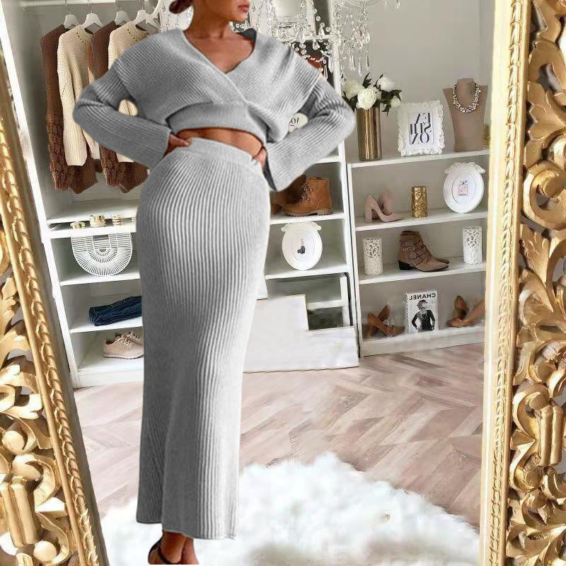 European and American 2025 New Aliexpress Long-Sleeved V Neck Casual Three-Quarter Sweater + Mid-Length Skirt for Women Suit