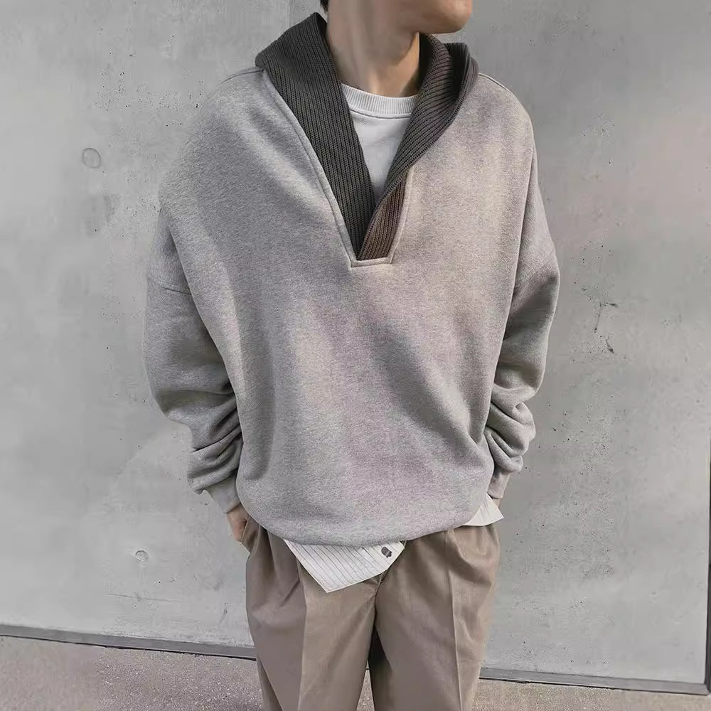 cleanfit Grey Sweatshirt Men's Hooded Autumn and Winter Wool Stitching Design Niche Loose Casual Jacket