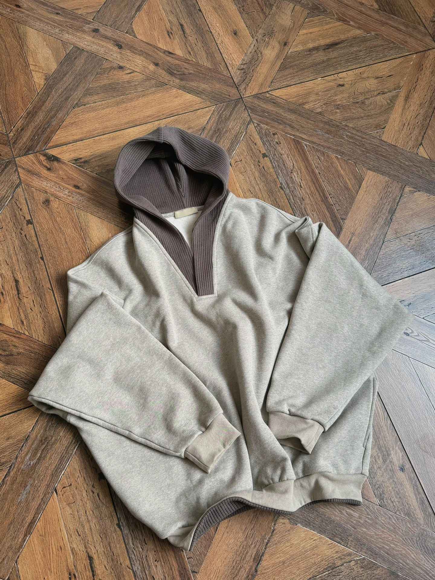 cleanfit Grey Sweatshirt Men's Hooded Autumn and Winter Wool Stitching Design Niche Loose Casual Jacket