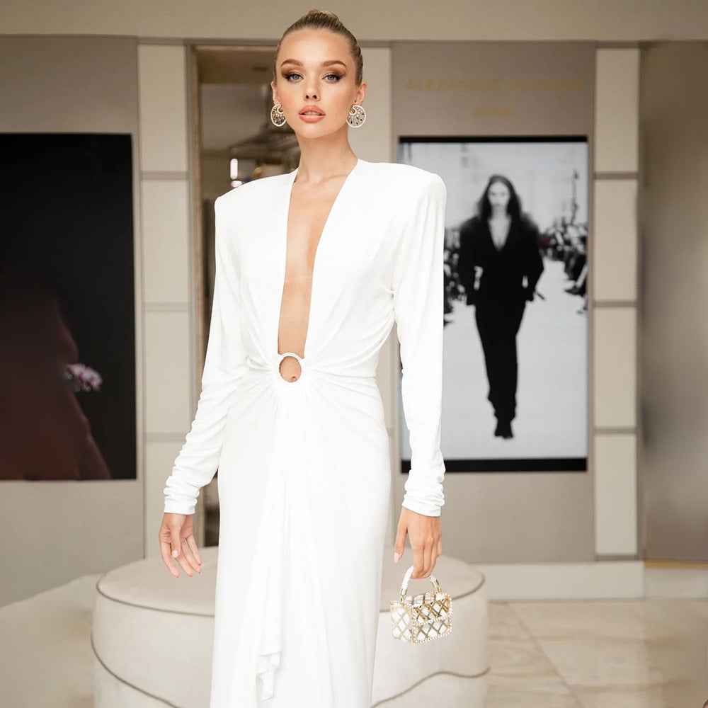 In Stock | New Cross-Border Long-Sleeve Ring-Neck European and American Women's Fashion V-Neck White and Red Long High-End Dress Wholesale.