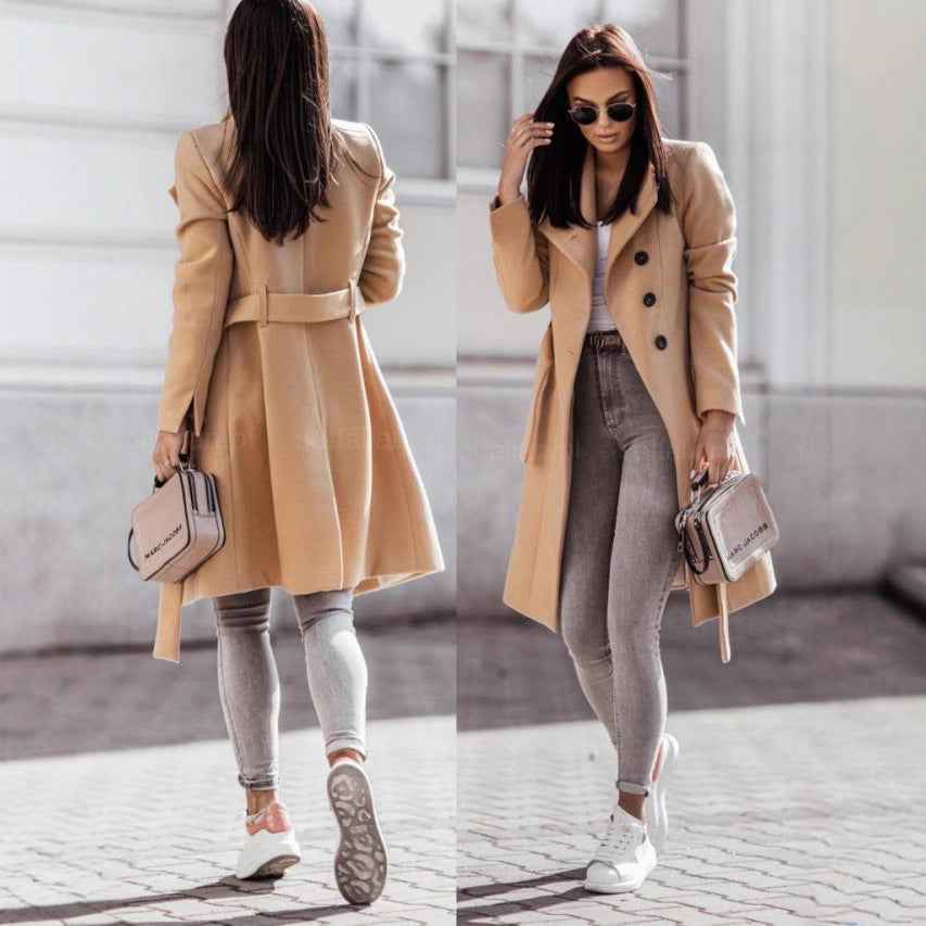 2026 Autumn/Winter European and American New Cross-Border Women's Clothing Amazon Woolen Coat Solid Color Tie-Up Mid-Length Woolen Jacket