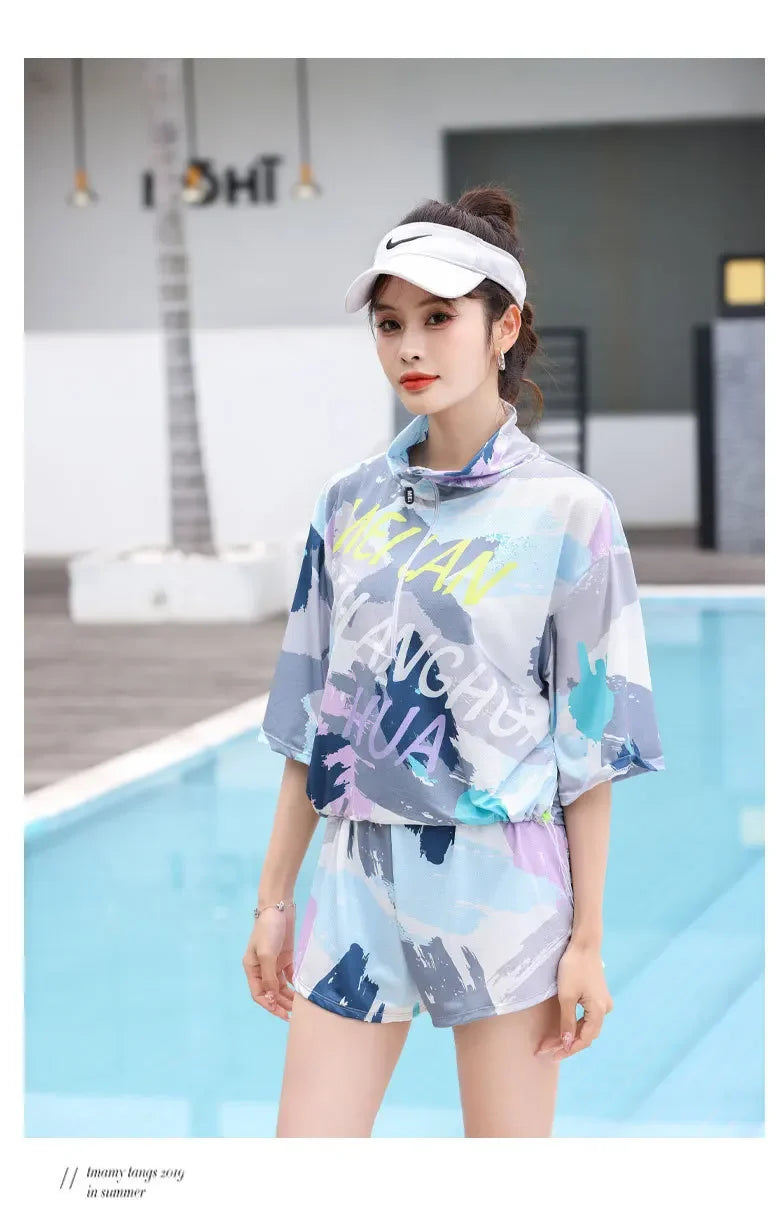 Sports Swimsuit Women's Split Bikini Three-piece Set Small Chest Gathering Belly Covering Slimming Conservative Flat-angle Hot Spring Swimsuit