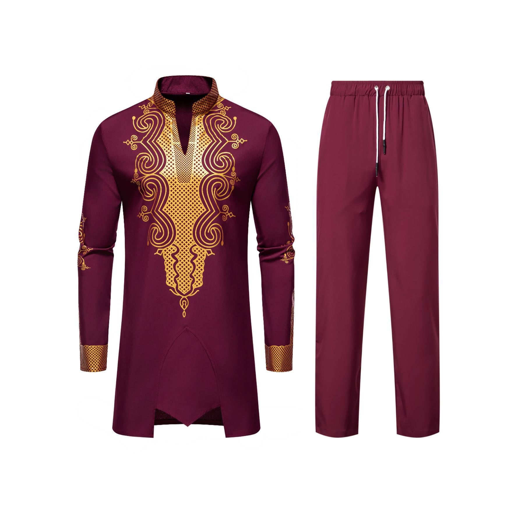 Cross-Border European and American Men's Fashion New Style Robe with Gold Stamping Print Men's Casual Suit Long-Sleeve Shirt and Long Pants for Men
