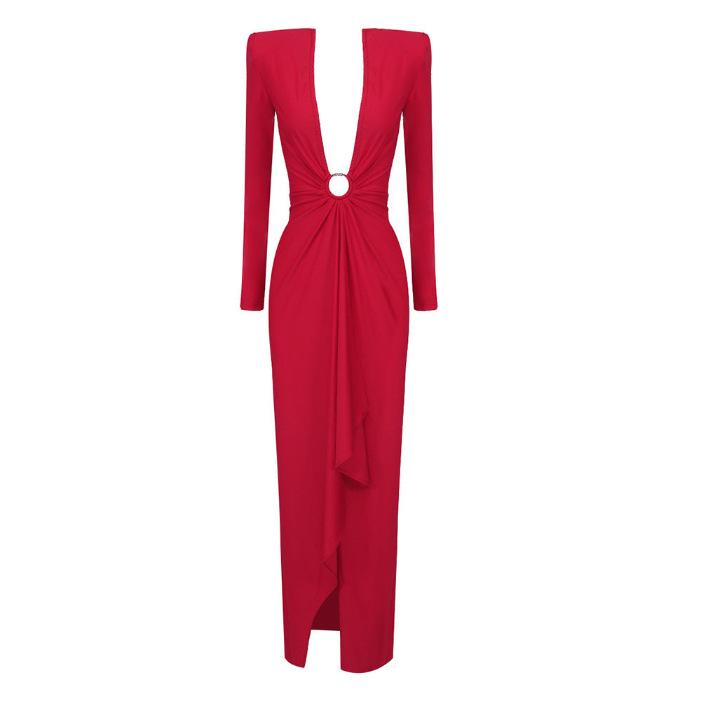 In Stock | New Cross-Border Long-Sleeve Ring-Neck European and American Women's Fashion V-Neck White and Red Long High-End Dress Wholesale.