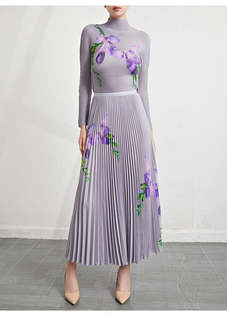 Retro Pleated Fashion Floral Suit Autumn and Winter New Miyake Elastic Top Waist Design Skirt Two-Piece Set