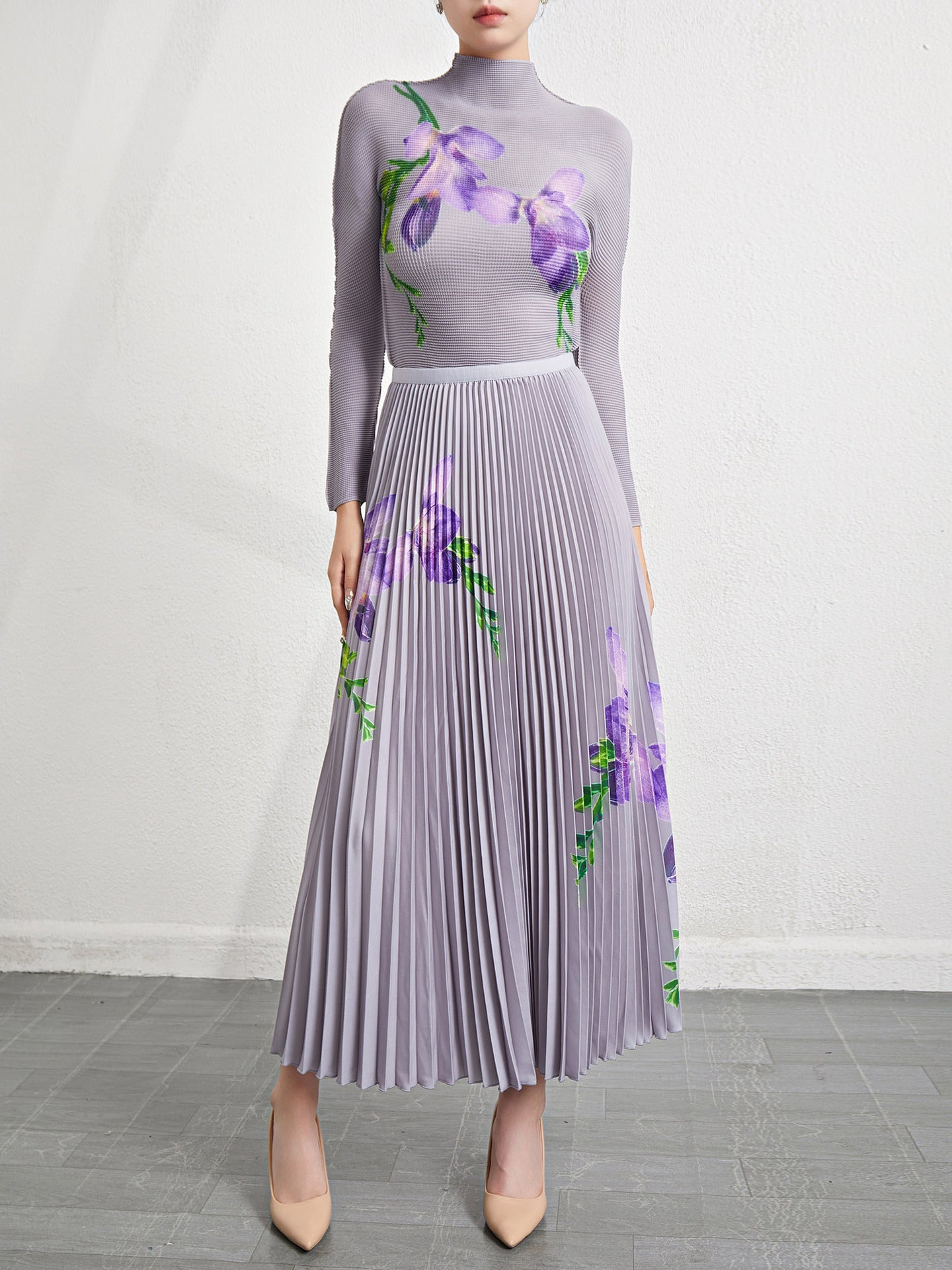 Retro Pleated Fashion Floral Suit Autumn and Winter New Miyake Elastic Top Waist Design Skirt Two-Piece Set