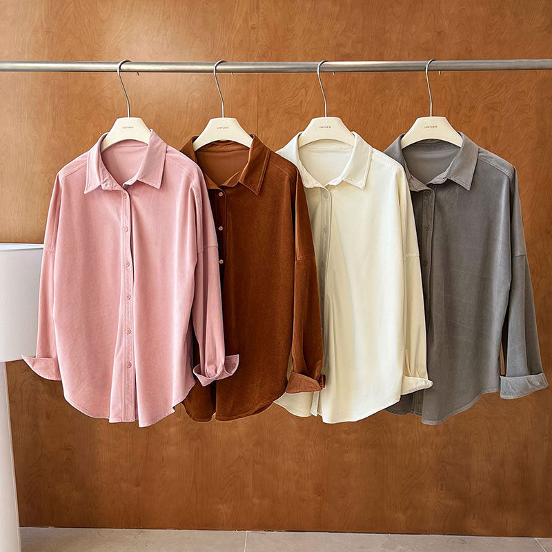 Lushi Japanese-Style Minimalist Thickened Brushed Corduroy Shirt for Women 2025 Autumn Inner Layering Base Shirt 3378