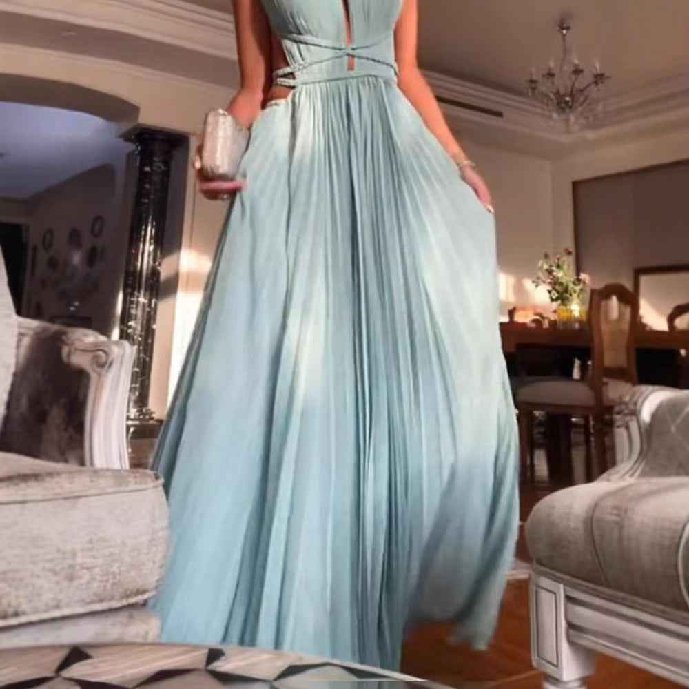 25 Summer New Amazon Cross-border Hot Sale Pleated Lace-up Sleeveless Backless Solid Color Slim-fit Large dress