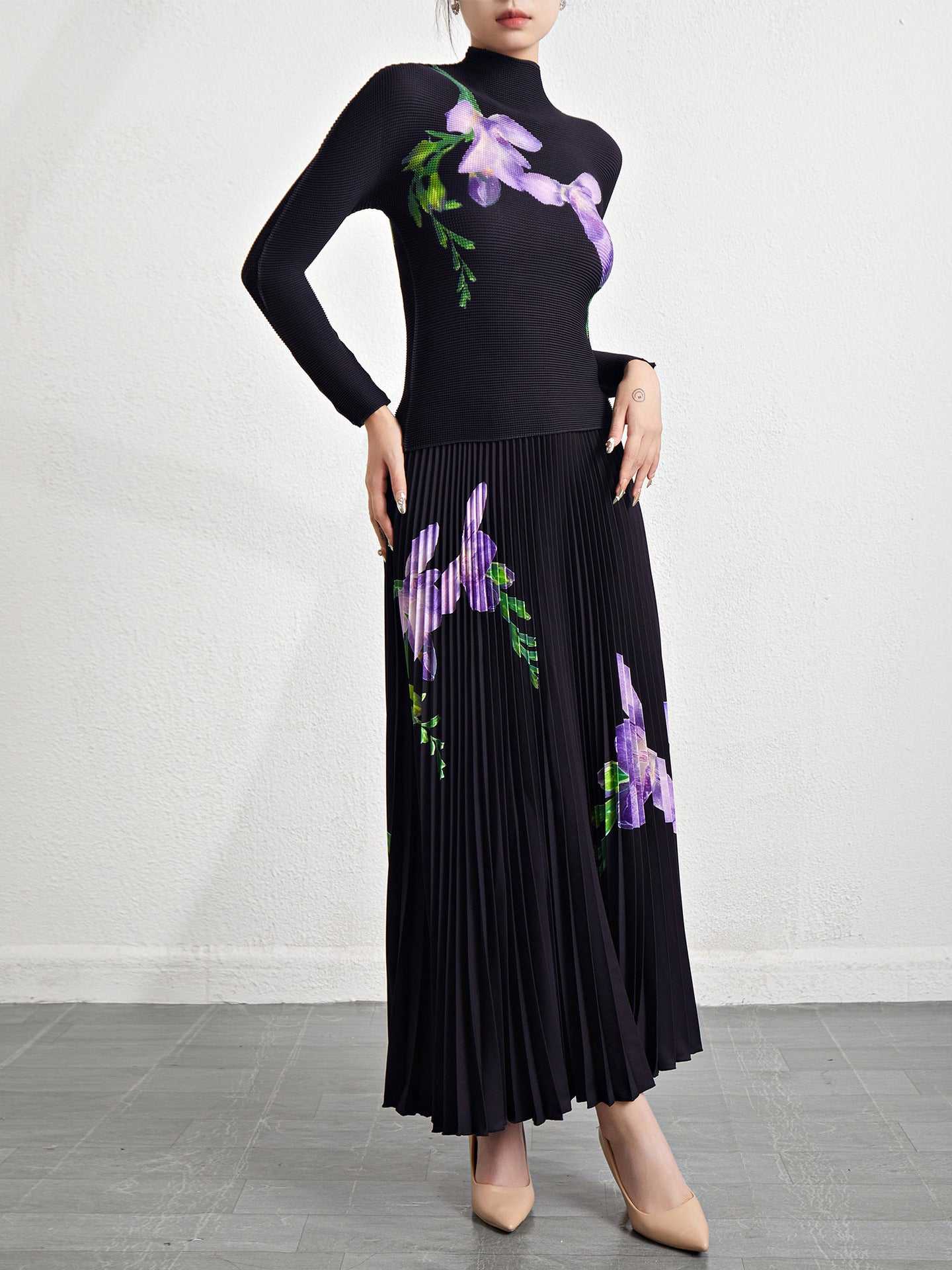 Retro Pleated Fashion Floral Suit Autumn and Winter New Miyake Elastic Top Waist Design Skirt Two-Piece Set