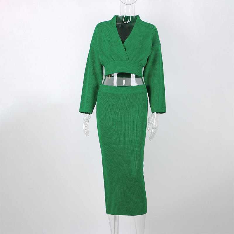 European and American 2025 New Aliexpress Long-Sleeved V Neck Casual Three-Quarter Sweater + Mid-Length Skirt for Women Suit