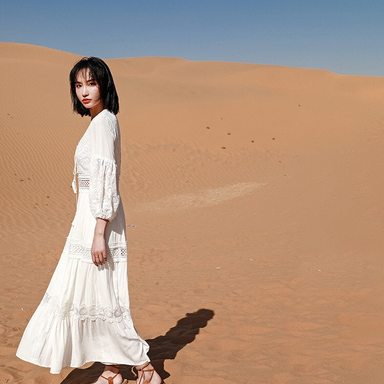 2024 Export New Product Elegant French Retro White Fairy Skirt Summer V-Neck Puff Sleeves Accessible Luxury and Western Style