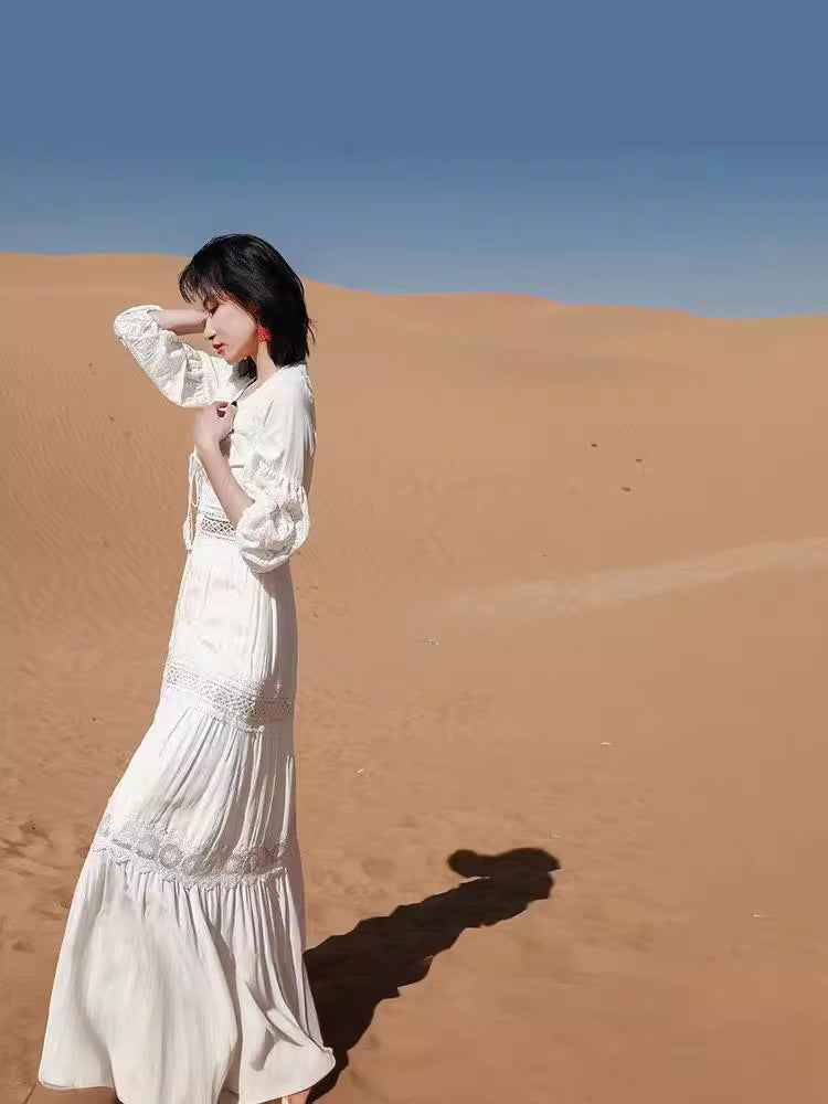 2024 Export New Product Elegant French Retro White Fairy Skirt Summer V-Neck Puff Sleeves Accessible Luxury and Western Style
