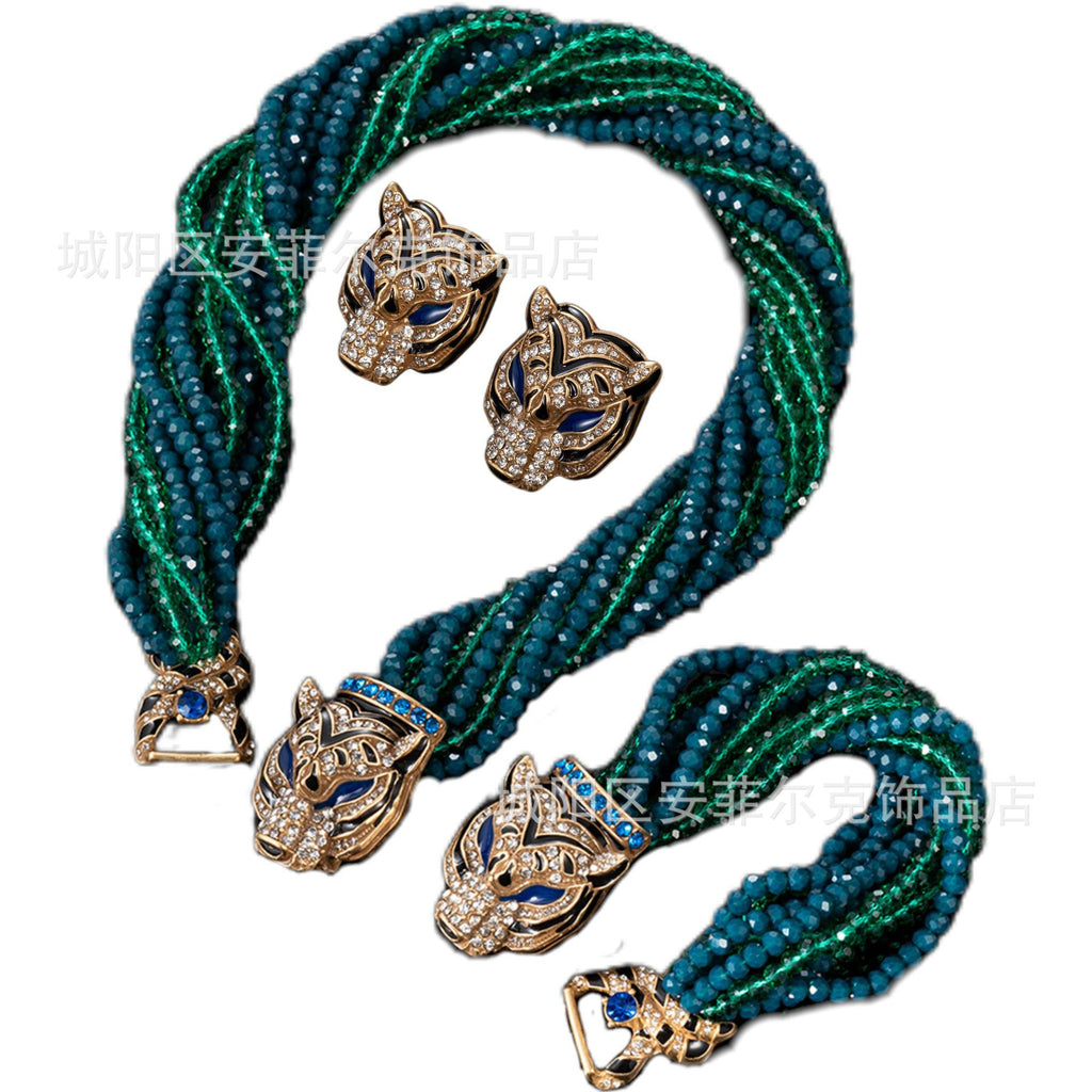Qingdao Vintage European and American Retro Leopard Head Multi-Layer Beaded Necklace Bracelet Earrings Heavy Craftsmanship Elegant Set