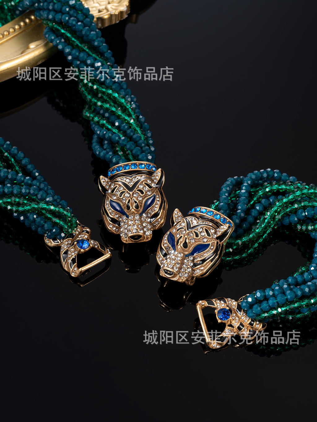 Qingdao Vintage European and American Retro Leopard Head Multi-Layer Beaded Necklace Bracelet Earrings Heavy Craftsmanship Elegant Set
