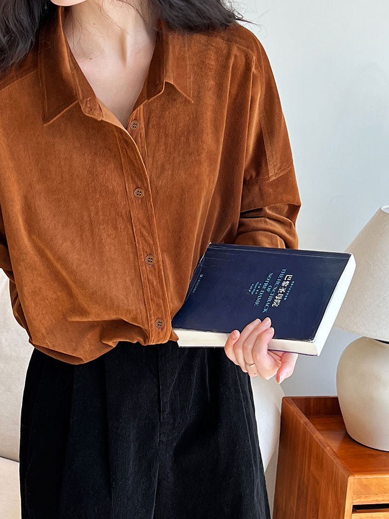 Lushi Japanese-Style Minimalist Thickened Brushed Corduroy Shirt for Women 2025 Autumn Inner Layering Base Shirt 3378