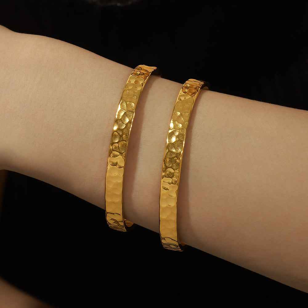 Casual Style Personalized Geometric Jewelry Niche Hammered Texture Design Titanium Steel Gold-Plated Open Bracelet Titanium Steel Bracelet