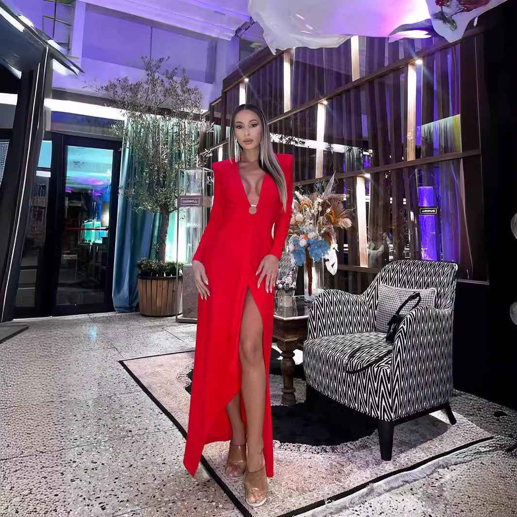 In Stock | New Cross-Border Long-Sleeve Ring-Neck European and American Women's Fashion V-Neck White and Red Long High-End Dress Wholesale.