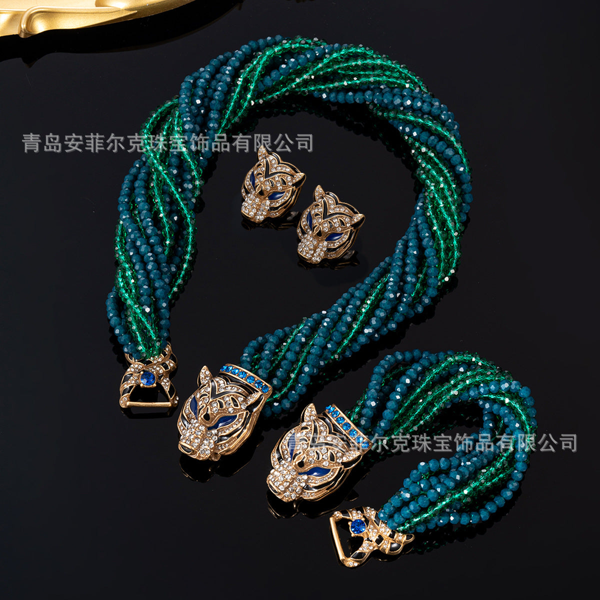 Qingdao Vintage European and American Retro Leopard Head Multi-Layer Beaded Necklace Bracelet Earrings Heavy Craftsmanship Elegant Set