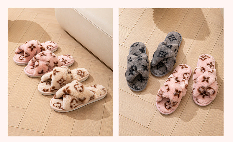 Four-leaf clover cross-opening cross-border foreign trade open-toe women's slippers autumn and winter four seasons open-ended slippers imitation rabbit hair