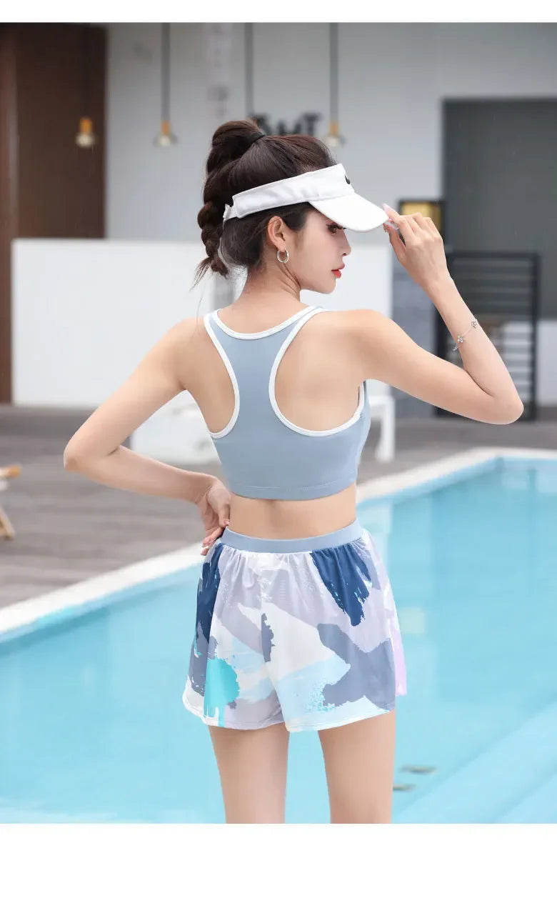 Sports Swimsuit Women's Split Bikini Three-piece Set Small Chest Gathering Belly Covering Slimming Conservative Flat-angle Hot Spring Swimsuit