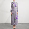 Retro Pleated Fashion Floral Suit Autumn and Winter New Miyake Elastic Top Waist Design Skirt Two-Piece Set