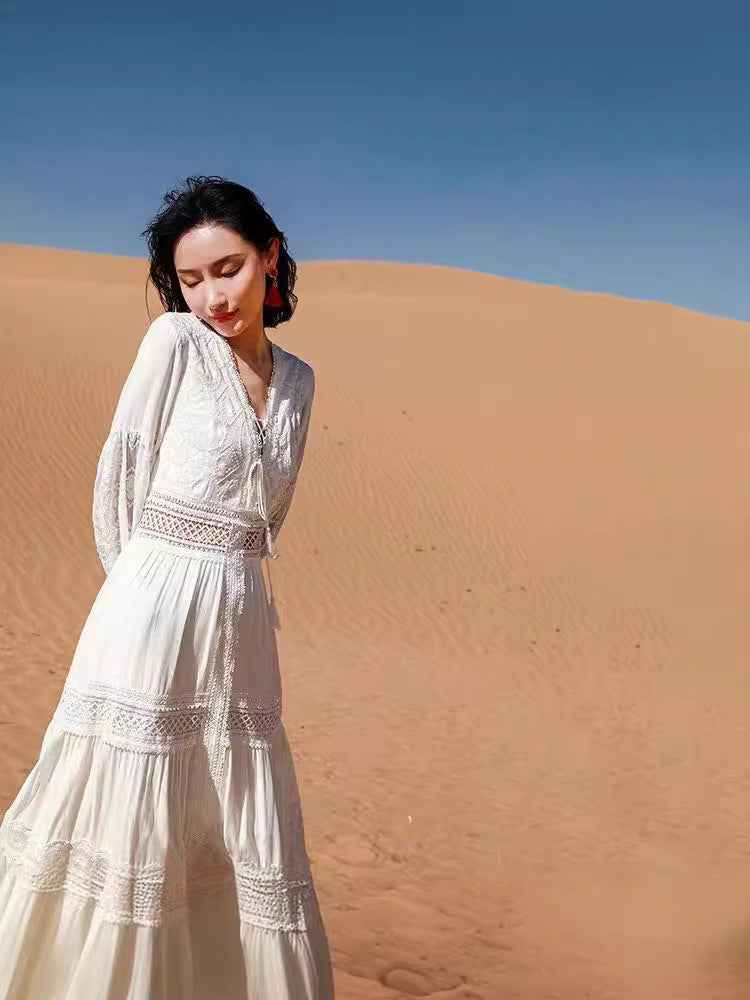 2024 Export New Product Elegant French Retro White Fairy Skirt Summer V-Neck Puff Sleeves Accessible Luxury and Western Style