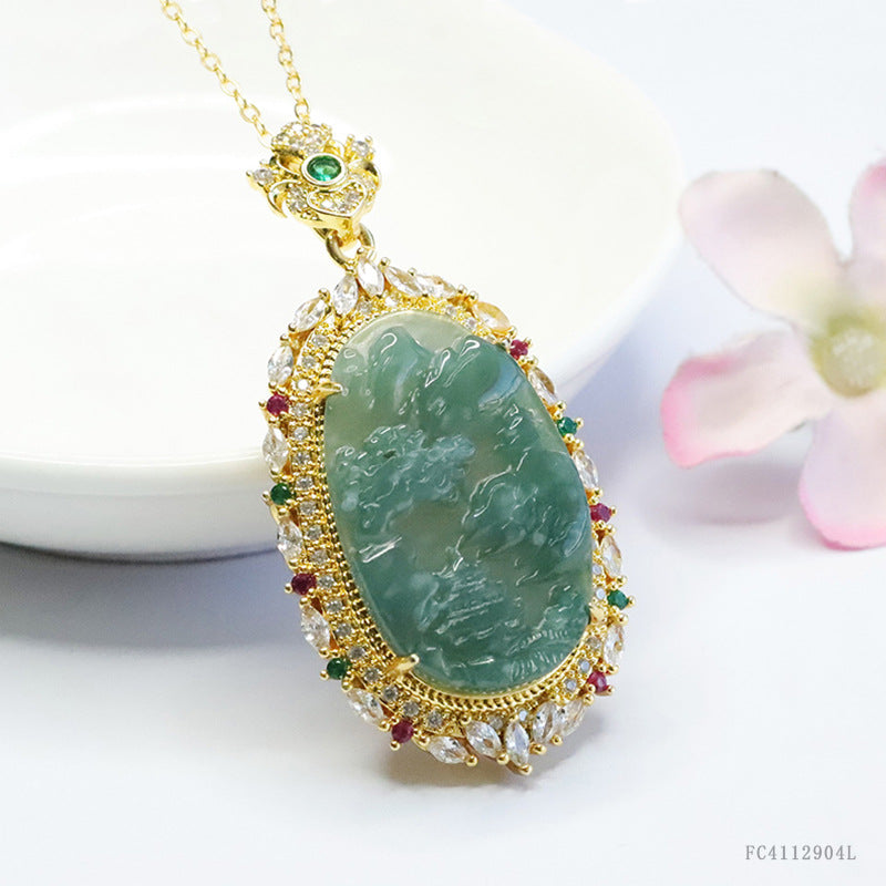 Guan Yu Natural Grade a Jadeite Blue Water Landscape Brand Inlaid Pendant Necklace Jewelry Live Streaming Kuaishou S4112904L