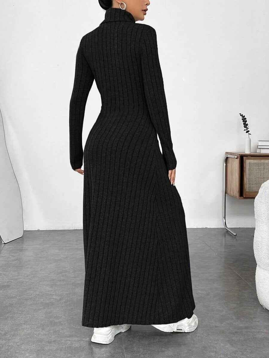 European and American Cross-Border Autumn and Winter Women's Clothing, Slim-Fitting High Collar, Fashionable Solid Color Pit Strip Brushed Long-Sleeved Dress for Women