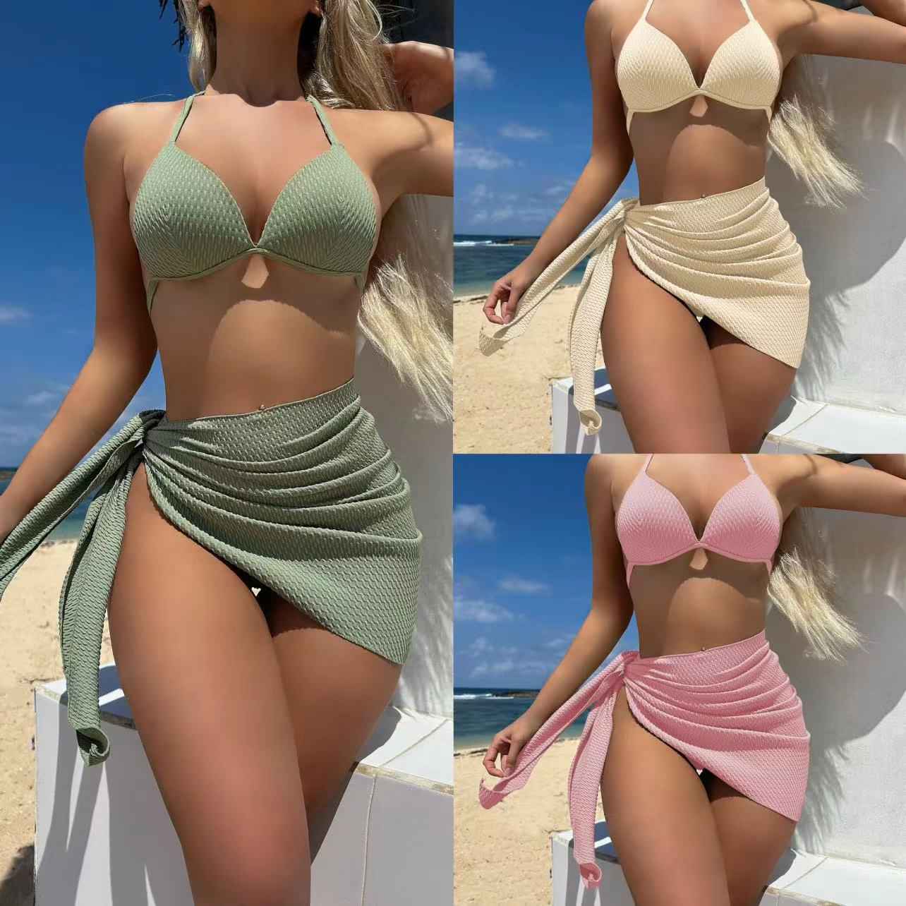 2025 European and American New Special Fabric High-Waist Sexy Sexy Swimsuit Bikini Three-Piece Swimsuit Swimsuit Cross
