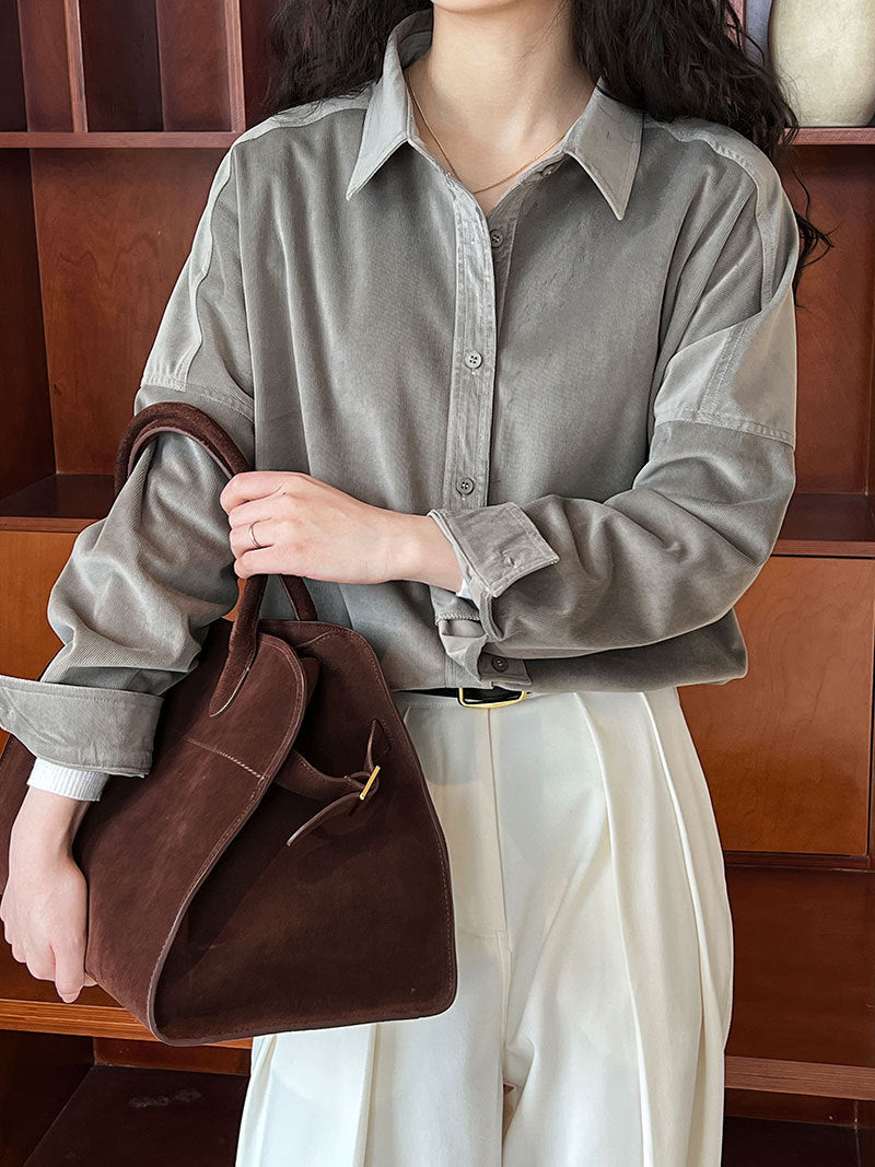 Lushi Japanese-Style Minimalist Thickened Brushed Corduroy Shirt for Women 2025 Autumn Inner Layering Base Shirt 3378