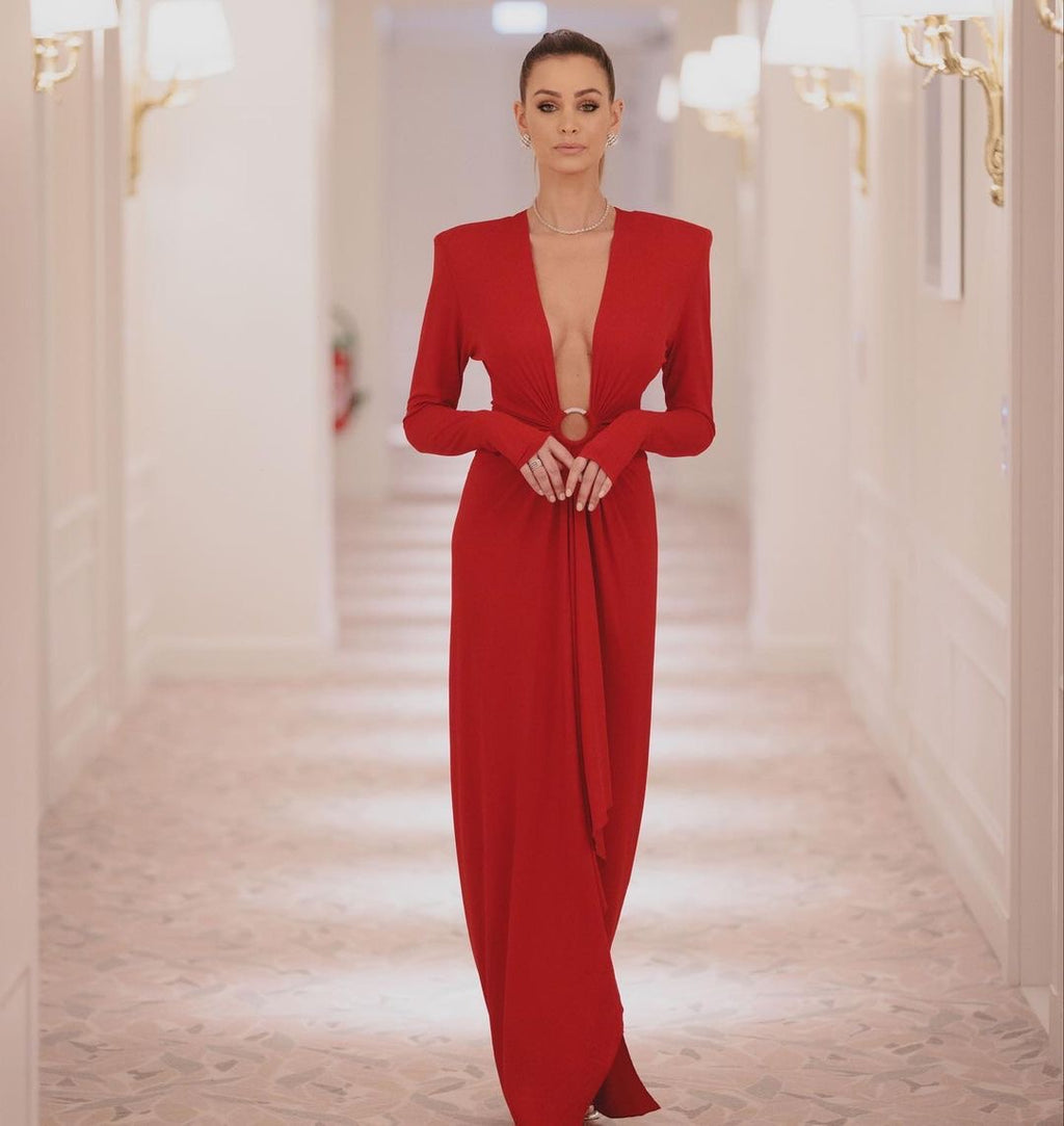 In Stock | New Cross-Border Long-Sleeve Ring-Neck European and American Women's Fashion V-Neck White and Red Long High-End Dress Wholesale.