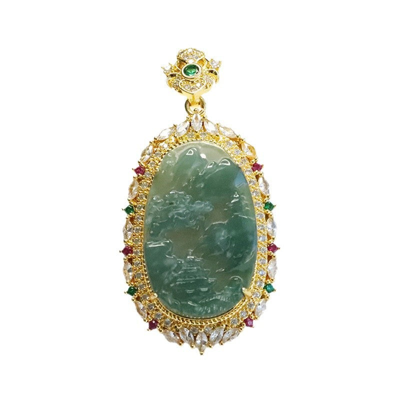 Guan Yu Natural Grade a Jadeite Blue Water Landscape Brand Inlaid Pendant Necklace Jewelry Live Streaming Kuaishou S4112904L