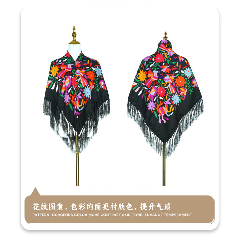 Cross-border New Daisy Twill Print Square Elegant Tassel Shawl Warm Beautiful Dustproof Multifunctional Scarf