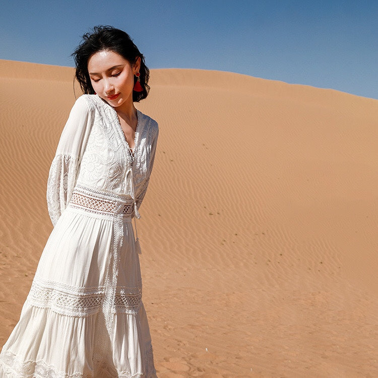 2024 Export New Product Elegant French Retro White Fairy Skirt Summer V-Neck Puff Sleeves Accessible Luxury and Western Style