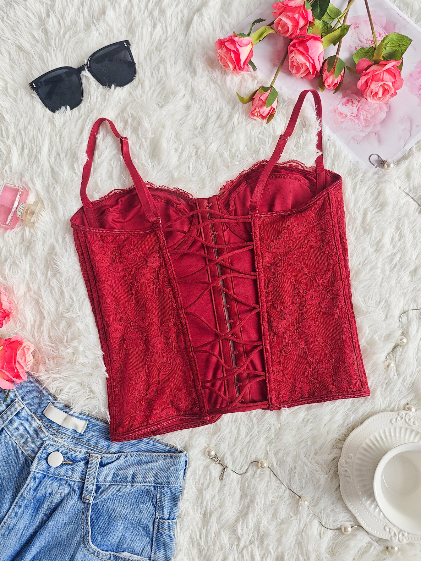 Cross-border Ins Women's Dress Fish Bone Steel Ring Wrap Chest Breasted Backless Vest European and American Style Sexy Solid Color Lace Sling