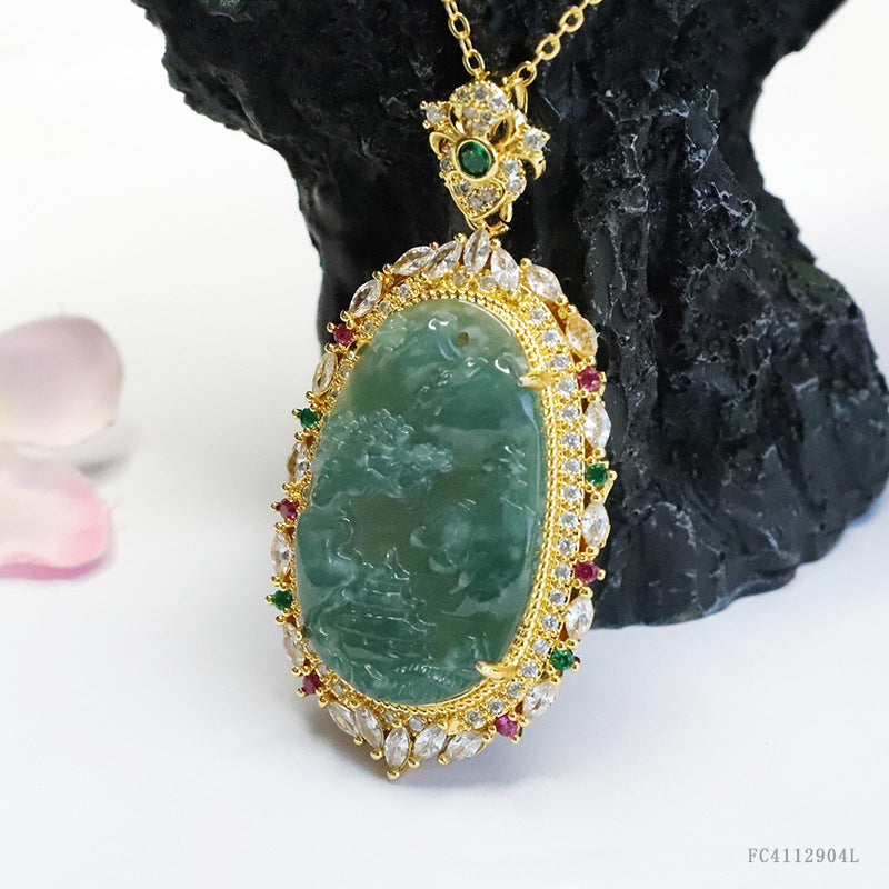 Guan Yu Natural Grade a Jadeite Blue Water Landscape Brand Inlaid Pendant Necklace Jewelry Live Streaming Kuaishou S4112904L