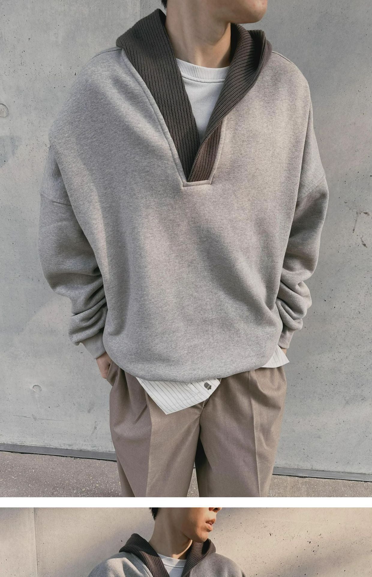 cleanfit Grey Sweatshirt Men's Hooded Autumn and Winter Wool Stitching Design Niche Loose Casual Jacket