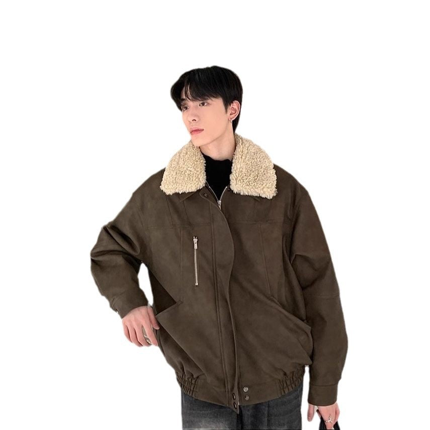 Lapel Loose Cotton-padded Coat for Boys Winter Warm Lamb Fur One-piece Jacket Thickened Coat Autumn and Winter Collar