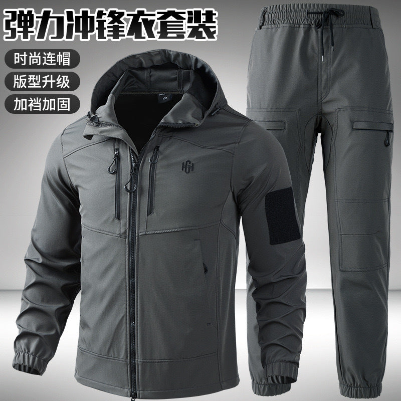 Outdoor assault clothing overalls suit men's spring and autumn elastic tooling labor protection clothing wear-resistant camouflage clothing hooded training clothing