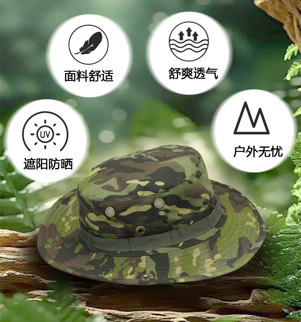 Camouflage Fisherman Hat Summer Hat with Windproof Rope Large Brim Sun Protection Hat Outdoor Hiking Fishing Sun Hat