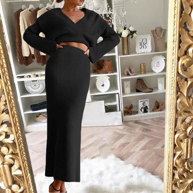 European and American 2025 New Aliexpress Long-Sleeved V Neck Casual Three-Quarter Sweater + Mid-Length Skirt for Women Suit