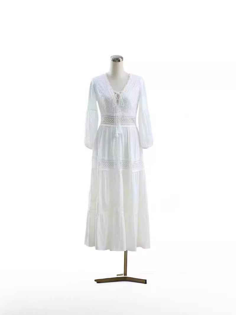 2024 Export New Product Elegant French Retro White Fairy Skirt Summer V-Neck Puff Sleeves Accessible Luxury and Western Style