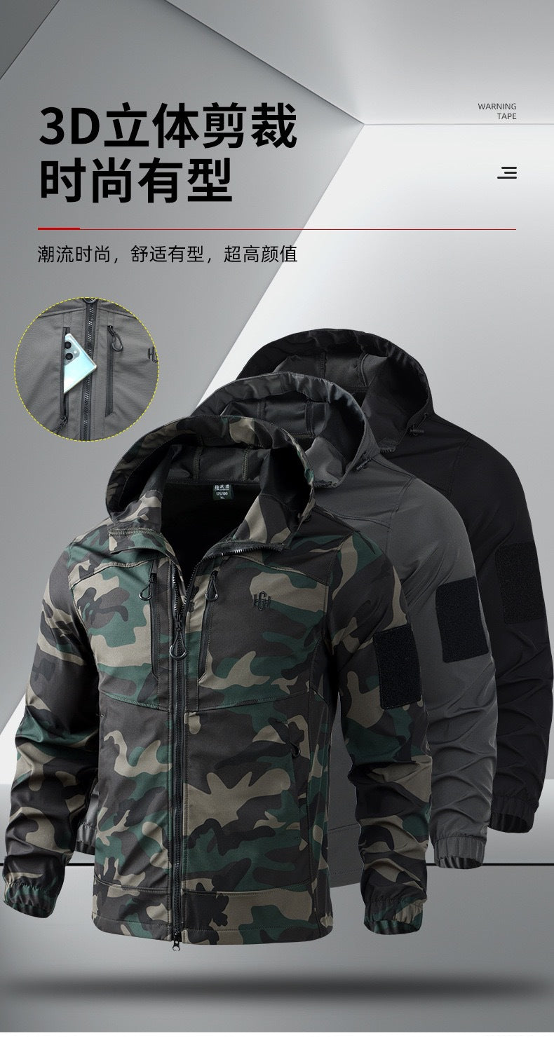 Outdoor assault clothing overalls suit men's spring and autumn elastic tooling labor protection clothing wear-resistant camouflage clothing hooded training clothing