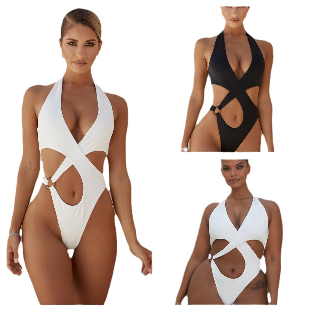 2024 AliExpress one-piece bikini tight cross hollow European and American cross-border neck three-point bikini women's swimsuit