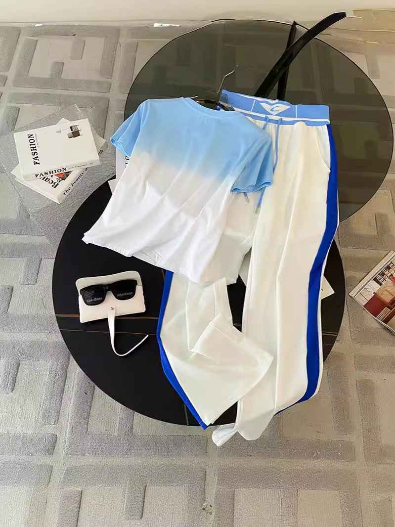 Sports Leisure suit Women's Street Slim-fit Short T-shirt Women's Fashion Color-contrast High-end Atmospheric Elegant Wide-leg Pants