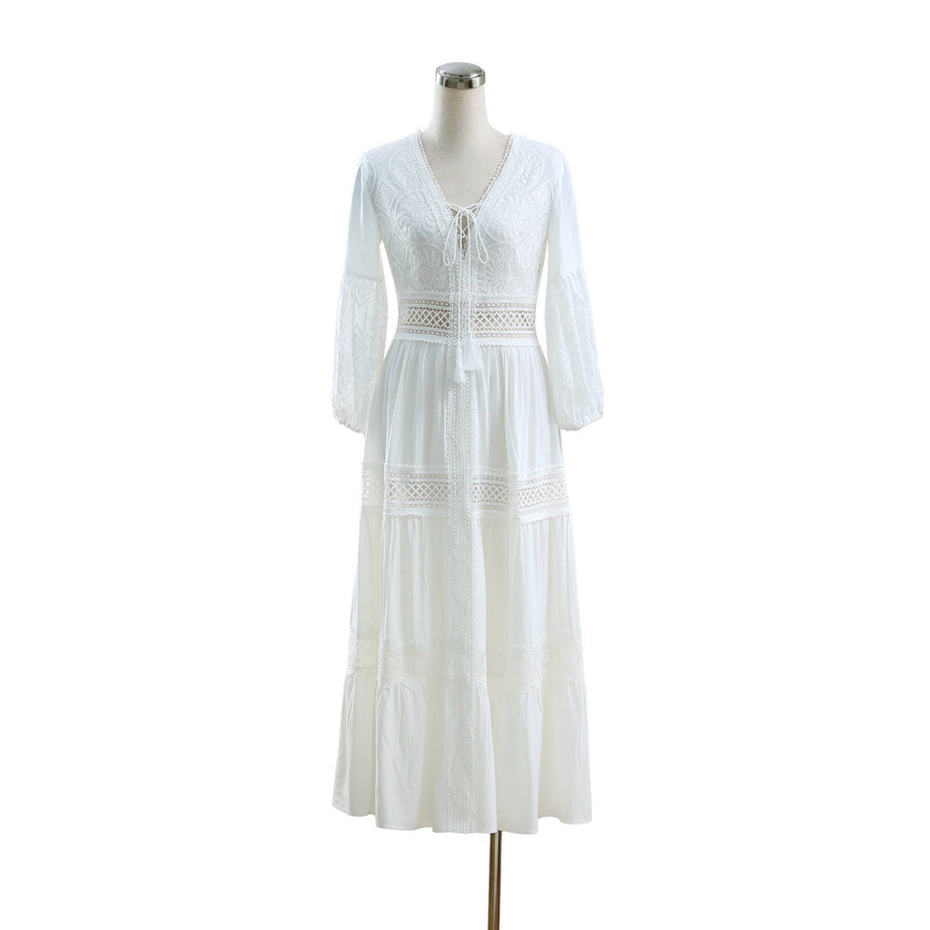 2024 Export New Product Elegant French Retro White Fairy Skirt Summer V-Neck Puff Sleeves Accessible Luxury and Western Style