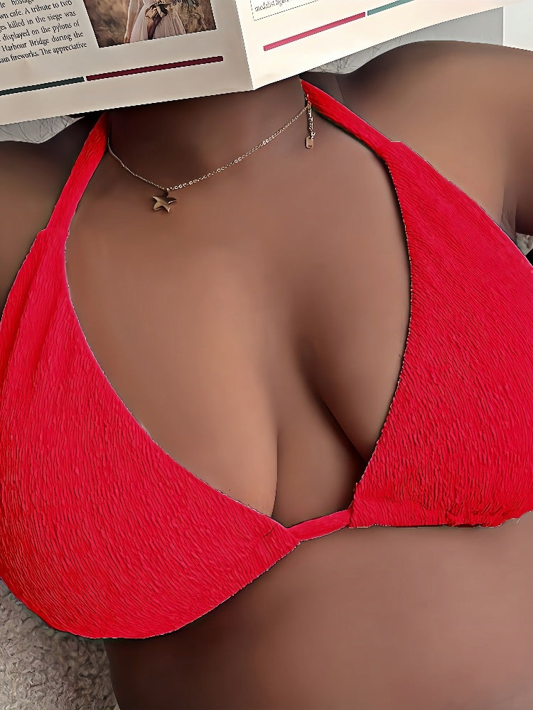 Amazon 2025 New European and American Style Halter Tie Large Size Swimsuit Women's Bikini Top Sexy Push-Up Swimwear
