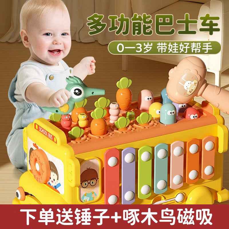 Infant early education puzzle multi-functional mole-beating and radish-pulling game six-sided bus knocking piano for 1-3 years old baby