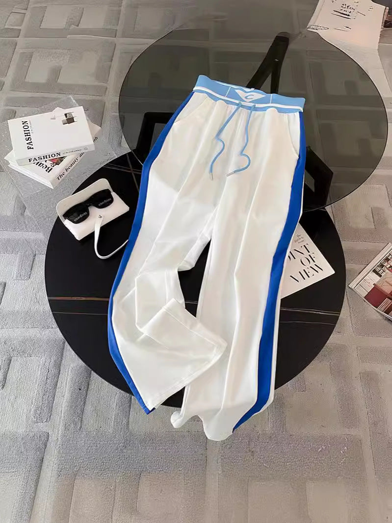 Sports Leisure suit Women's Street Slim-fit Short T-shirt Women's Fashion Color-contrast High-end Atmospheric Elegant Wide-leg Pants