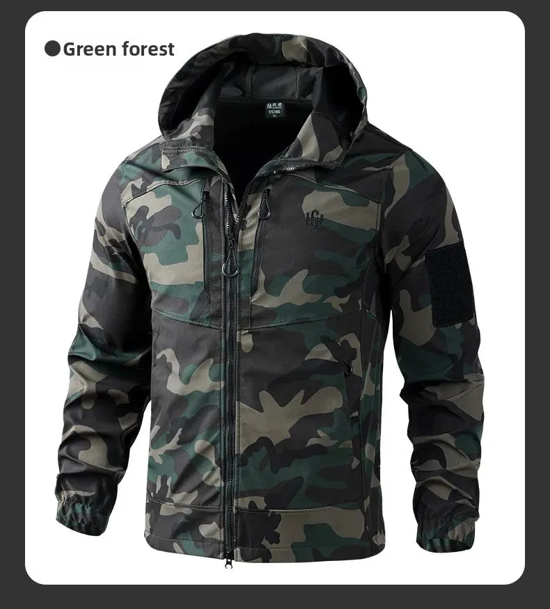 Men's Outdoor Workwear Camouflage Skin Jacket Set Spring Autumn Elastic Wear Resistant Training Clothes with Hood for Climbing
